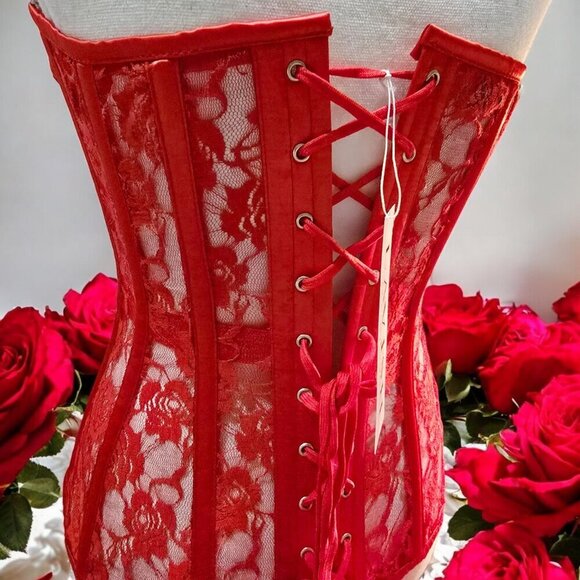 Dolls Kill x Lavish Red Lace Corset – Boned Strapless Top w/ Lace-Up Back | M - Picture 7 of 10